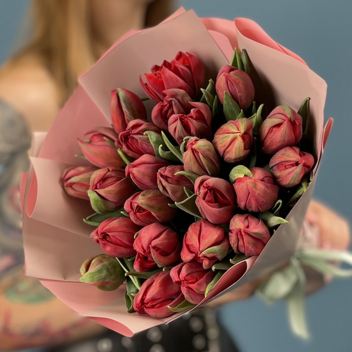 25 красных пионовидных тюльпанов Ред Принц